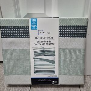 Mainstays 2-piece Twin/Twin Extra Large Sage Green & White Striped Duvet Cover